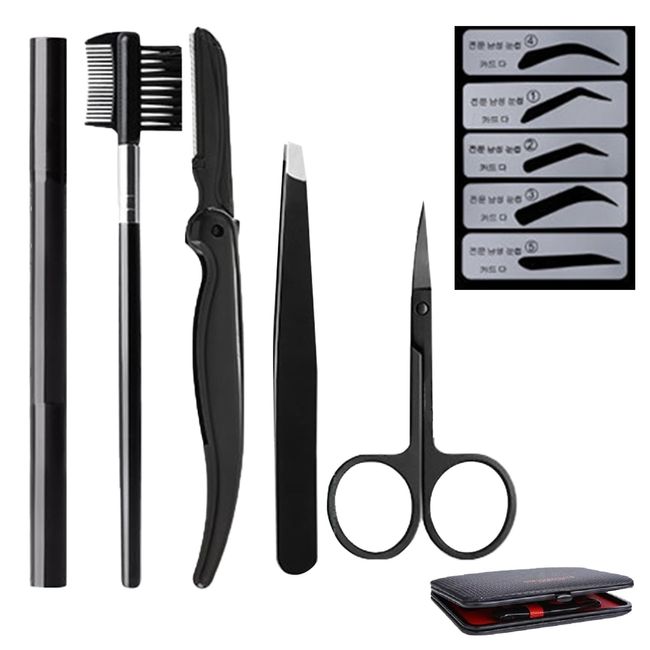 5 Pcs Eyebrow Grooming Set, Stainless Steel Eyebrow Set, with Tweezers, Scissors, Eyebrow Comb, Eyebrow Pencil, Eyebrow Card, Eyebrow Trimming Knife, Portable Set, for Women Men (Black)