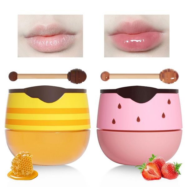 2Pcs Honey+Strawberry Bee Balm Lip Mask Set, Propolis Lip Care Cream Moisturizer Lip Mask with Lip Brush, Reduce Lip Lines & Wrinkle Lip, Hydrating Prevention Dry and Cracked Lip Scrubs Exfoliator