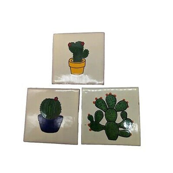 Set of 3 Cactus Saguaro Barrel Prickly Pear Mexican Talavera ? Pottery Tiles 4"