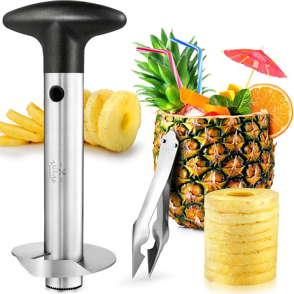 Zulay Kitchen Pineapple Corer and Slicer Tool - Stainless Steel Pineapple Cutter for Easy Core Removal & Slicing - Super Fast Pineapple Slicer and Corer Tool Saves You Time (Black)