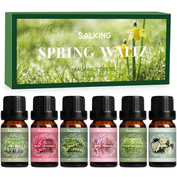 SALKING Spring Essential Oils Set, Aromatherapy Diffuser Oil Fragrance Oils Gift Set for Soap & Candle Making Scents - After Rain, Fresh Cut Grass, Sweet Pea, Rose Geranium, Cherry Blossom, Gardenia