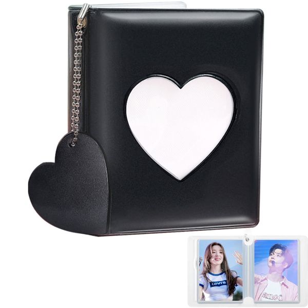 3 Inch Photocard Holder, Kpop Photocard Binder Mini Photo Kpop Album, Love Heart Hollow Kpop Photo Card Binder Collector Book Portable Kpop Binder with Love Heart Pendant (32 Pockets, Black)