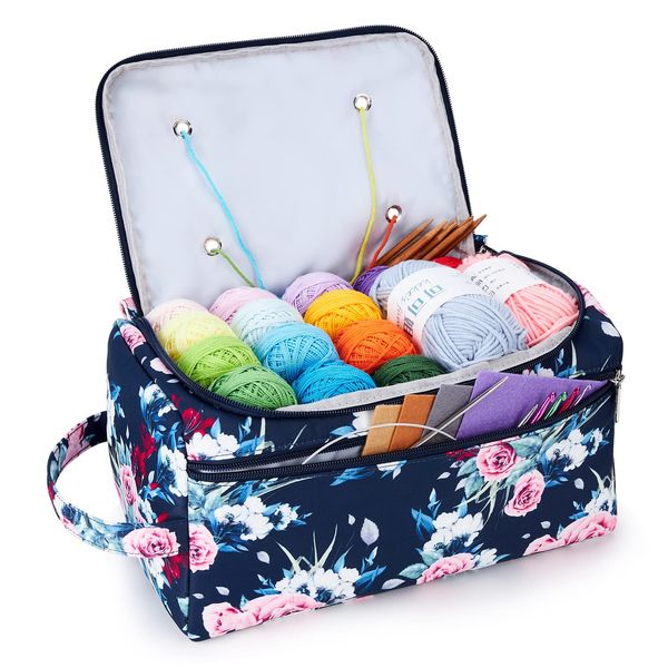 KALIDI Yarn Storage Knitting Bag Yarn Wool Crochet Hook Needles Accessories Organiser Holder Lightweight with Handle Strap (Rose)