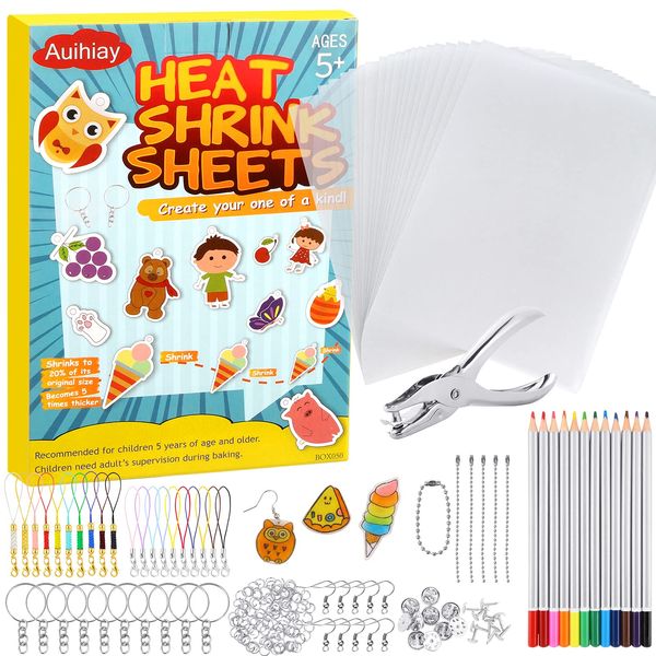 Auihiay 198 Pieces Shrink Plastic Kit Include 20 Sheets Shrinky Paper, Hole Punch, Keychains Accessories and Pencils for DIY Ornaments or Creative Craft