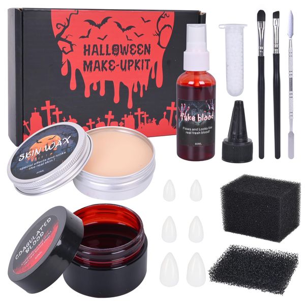 Halloween Makeup Special Effects Makeup with Scar Wax, Fake Blood Spray & Gel, Vampire Teeth, Perfect for Halloween Face Paint, SFX Makeup Kit, Clown Makeup Kit, Scar Wax Makeup, Vampire Makeup Kit