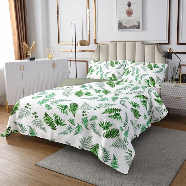 Loussiesd Tropical Leaves Quilted Bedspread Green Palm Leaf Quilted Coverlet for Kids Adults Green Leaf Branches Coverlet Set Luxury Nature Herbs Plants Quilted Reversible 3Pcs King Size