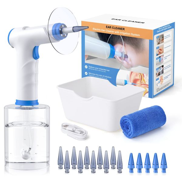 Ear Wax Removal, Electric Ear Cleaning Kit with Light, Ear Irrigation Kit with 4 Pressure Modes, Safe and Effective Ear Flush Kit with Ear Cleaner - Includes Basin, Towel & 15 Tips