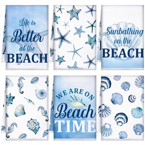 Bencailor 6 Pcs Summer Beach Kitchen Towels Ocean Hand Towels Sea Beach Decorative Themed Kitchen Decor Tea Clothes Dish Clothes for Home Bathroom Kitchen Decor(Blue and White,Marine Life)