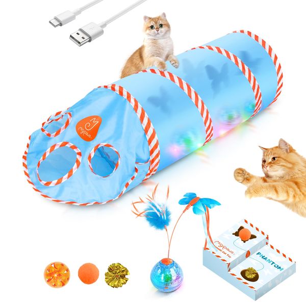 Migipaws Cat Toys, Interactive Cat Toy for Indoor Cats,Upgraded Moving Shadow of Butterfly Feather Project on Cat Tunnel, Cardboard Box Toys, Rechargeable 2.0