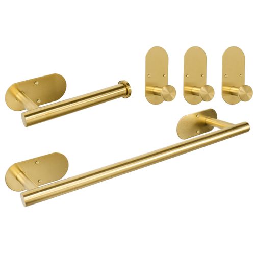TocTen 5 Pieces Wall Mounted or Self Adhesive Towel Bar Set, Stainless Steel Bathroom Hardware Set Include 16″ Towel Rack, Toilet Paper Holder, 3 Towel Hook, Sticky Bathroom Accessory Kit (Gold)