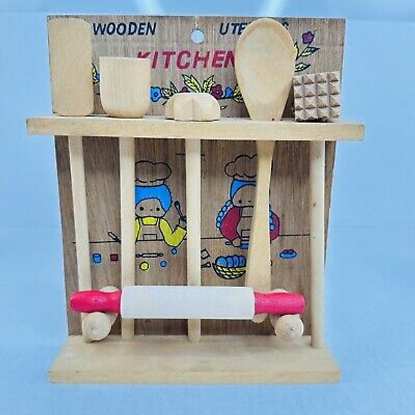 Vintage Kids Wooden Utensils 7 Piece Toy Play Kitchen Tools Set Hanging Rack