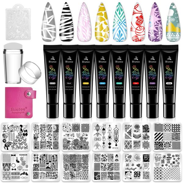 Biutee Nail Stamper Kit Nail Art Stamping Plate Set Stamping Nail Polish Gel Stamp Plate Jelly Silicone Stamper Scraper Flower Lace Line kiss Stencil Template Tool Supplies for Holiday (Storage Bag)