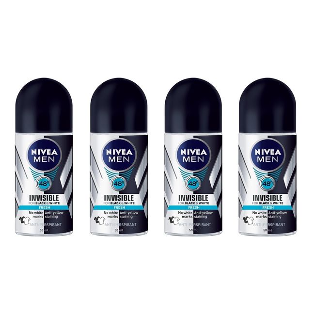 (Pack of 4) Nivea Invisible Black & White Fresh Scent Anti-perspirant Deodorant Roll On for Men 50ml - (4 Pack) Nivea Inexplicable Black And White Fresh Antiperspirant Deodorant Roll On For Men 50ml