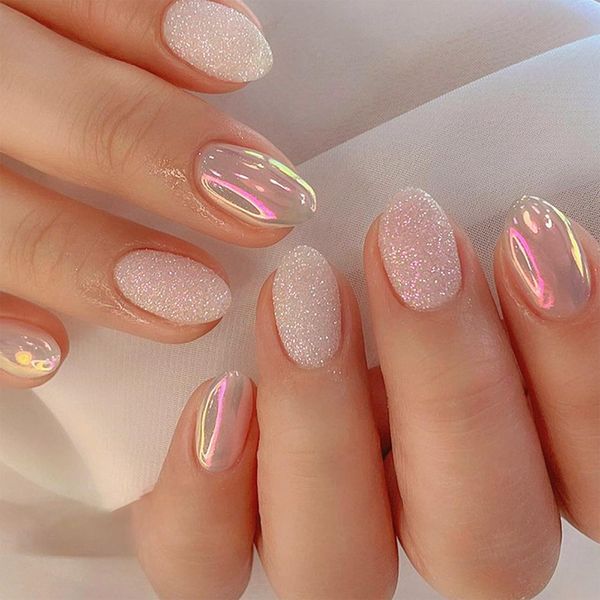 NICENEEDED 24 Pcs Short Oval False Nails, Aurora Stick on Nails, Glitter Pink Press on Nails Removable Glue-on Nails Fake Nails Acrylic Full Cover Nails for Women Girls Nail Art Accessories