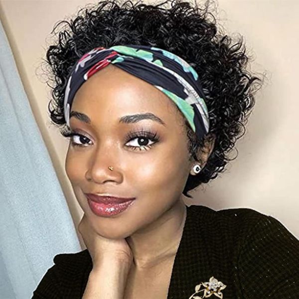 KESEN Headband Wig Human Hair Short Curly Headband Wig Human Hair Wigs for Black Women Pixie Cut Kinky Curly Bob Glueless Half Wigs 150% Density Natural Black 8Inch…