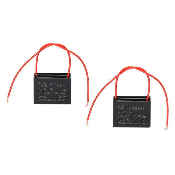 PATIKIL 5uF 450V CBB61 Capacitor, 2Pcs Ceiling Fan Capacitor, Black, Rectangular, Polypropylene