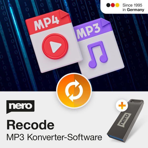 Nero MP3 Converter Software auf USB Stick - Umwandlung, Konvertierung, Wandler für Videos (MP4, MPEG, VOB, DAT) und Audio (MP3, WAV, FLAC, MP2) | Unlimitierte Lizenz | 1 PC | Windows 11 / 10 / 8 / 7