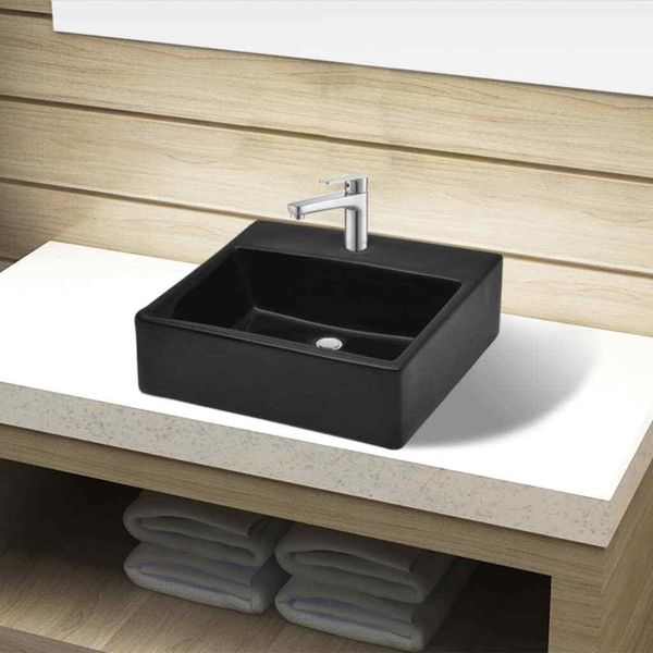 Ceramic Bathroom Sink Basin with Faucet Hole Black Square Vanity Vessel vidaXL