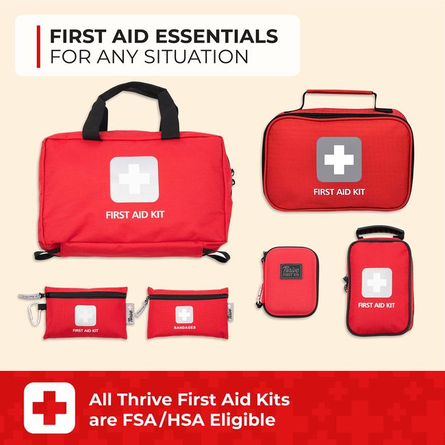 Thrive Travel Essentials Mini First Aid Kit - 66 FSA HSA Approved Products  Includes Multi-Sized Bandage, Wipes, Safety Pins, and More (Pouch)