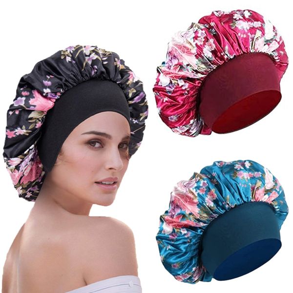 WUBAYI 3 Pcs Soft Satin Bonnet, Silk Bonnet Hair Wrap for Sleeping, Sleeping Hair Care Cap Bonnets, Night Sleeping Head Cover Sleeping Hat for Women and Girls Curly Hair (Blue,Black,Red)