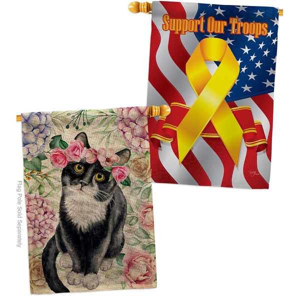 Breeze Decor Floral Tuxedo Cat Burlap House Flag Pack Kitten Meow Spoiled Paw Fur Pet Nature Farm Animal Creature Support Our Troops Banner Small Garden Yard Gift Double-Sided, Made in USA