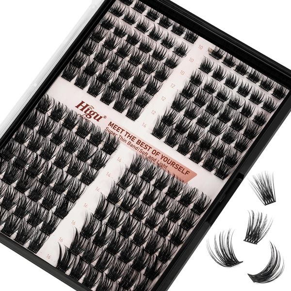 Higu clace Lash Clusters, 168pcs Individual False Eyelashes, Mix10-16mm D Curl Reusable Mega Volume Look Eyelashes, Super Thin Soft Band, Lash Extensions DIY at Home - Bushy D Curl 10-16mm