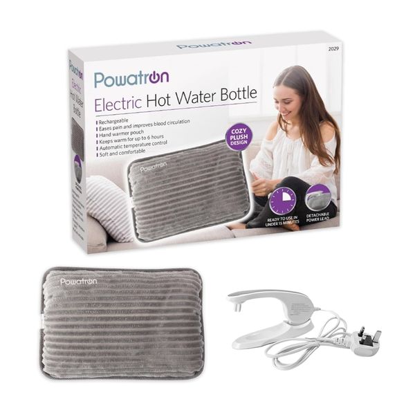 POWATRON Rechargeable Electric Hot Water Bottle - Soft & Cosy Hand Body Warmer Massaging Heat Pad, Prefilled, Over-Heat Protection Electric Water Bottle - Hot Water Bottles for Pain Relief
