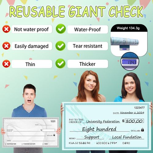 Big Checks for Presentations - Huge 30x16 Inch Fake Check for Awards & Donations - Reusable & Perfect for Events