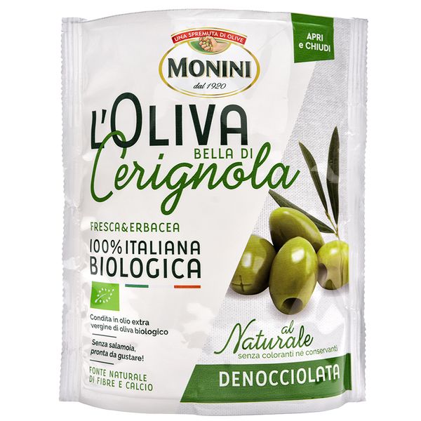 Monini El Oliva Organic Seedless Green Olive Pouch, 150g, 1 ea