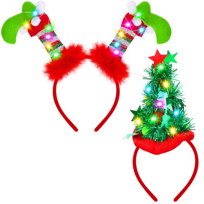 Fovths 2 Pack Christmas LED Headbands Xmas Headbands Light Up Costume Headwear Accessories Glowing Hair Hoop for Christmas