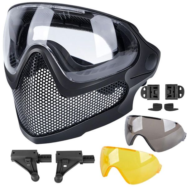 ATAIRSOFT 2 Modes Airsoft Mask Full Face Tactical Safety Protective Mask Anti-Fog Goggles Set with 3 Interchangable Lens (Black)