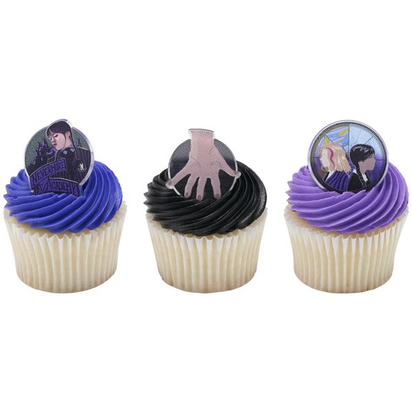 DecoPac Wednesday Outcasts Are In Cupcakes Rings, Nevermore Academy Cupcake Decorations, Food Safe Cupcake Toppers – 24 Pack