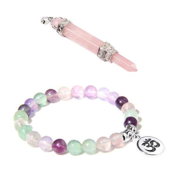 Healing Crystal Natural Energy Mercaba Rose Quartz Crystal Hexagonal Prism Rotatable Pendant Pendulum Colored Fluorite Stone Beads Bracelet for Reiki Blancing Meditation