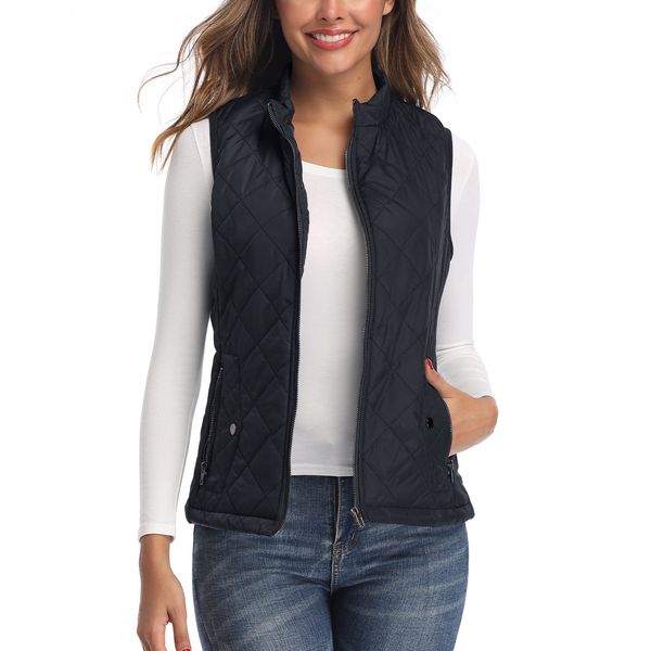 LONGKING Bluish Black Women's Vest, Stand Collar Lightweight Zip Quilted Vest for Women L