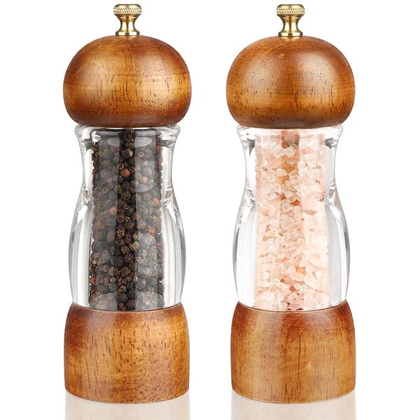 Jepsen Salt and Pepper Grinder Set，Spice Grinder refillable，Manual Wooden Salt and Pepper Mill Set with Adjustable Ceramic core Salt Grinder 2 Pieces