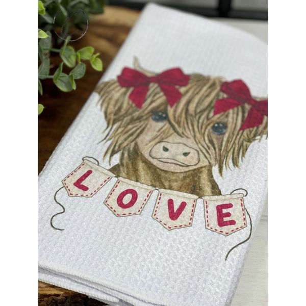 Love Highland Cow Waffle Weave Tea Towel