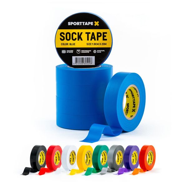 6 Rolls - SPORTTAPE Sock Tape - Blue - 1.9cm x 20m | PVC Football, Soccer & Rugby Boot Tape - Best for Keeping Up Socks, Shin Pads, Shin Guard Tape | Securing Lifting Blocks & Ear Tape