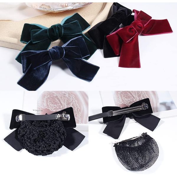 Black Hair Snood Net Barrette Mesh Clip Hairnet Hair Bun Cover Bow Headdress Hair Accessories for Lady Women,Clips and Barrettes,Hair Accessories