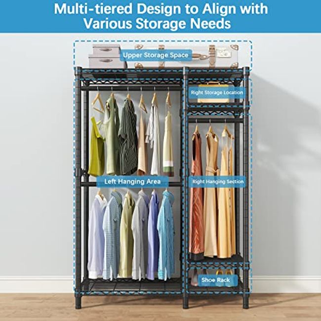 Sturdy 3 Rod Garment Rack w/ Shelves Metal Closet Storage for