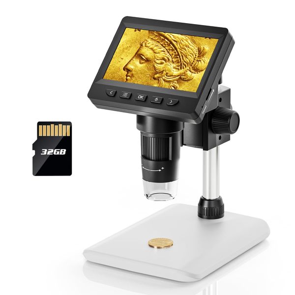 Elikliv Coin Microscope, 50-1000X Microscope, 4.3" LCD Digital Microscope, Rechargeable, USB Microscope, 8 LED Lamps, 32GB Card, Compatible with PC/TV, Windows/Mac, 4.3" Microscope, Circuit