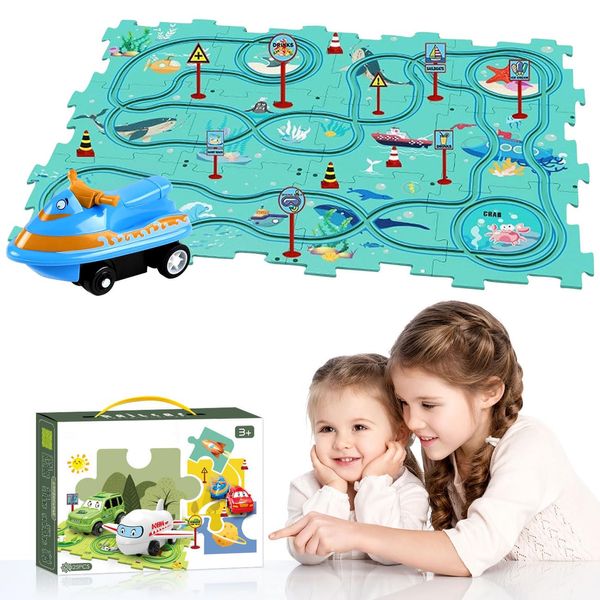 DIY Assembling Electric Trolley, 2024 New Upgrade Toddler Puzzle Track Play Set with Vehicles, Rail Car Building Toys Vehicle & Puzzle Board, Montessori Toys for Kids Ages 3+ (Ocean)