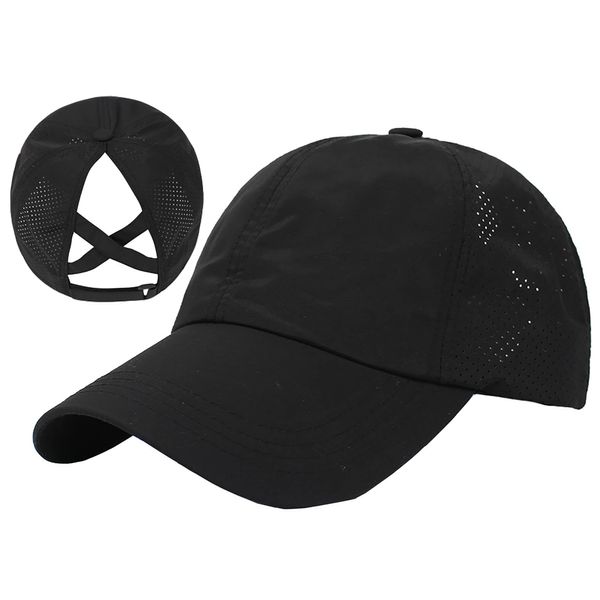 Sommer-Criss-Cross Pferdeschwanz-Baseball-Cap für Damen – verstellbar, schnell trocknend, hoher schmutziger Dutt, Papa-Hut, Schwarz, 7/7 1/4