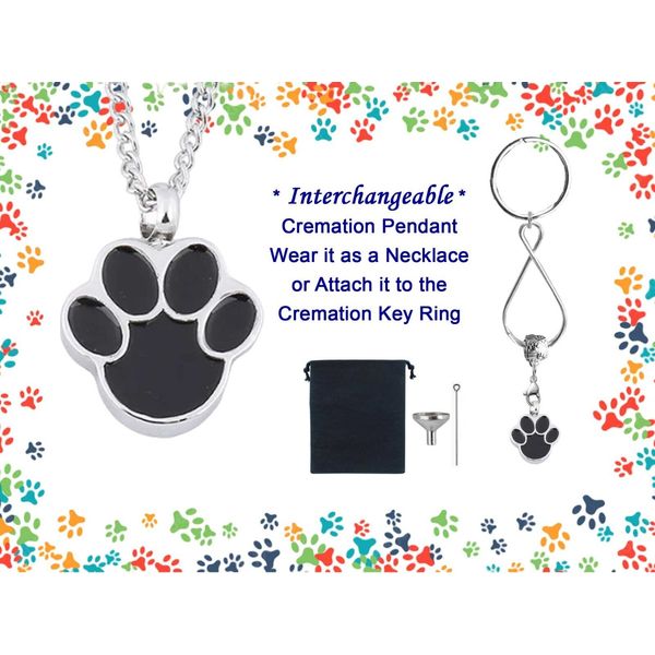 Paw Print Pet Keepsake Urn Interchangeable Necklace or Key Ring, Dog, Cat