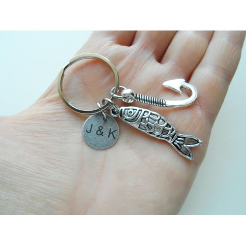Custom Fish Hook & Fish Charm Keychain with Engraved Tag for Couples or Best Friends, Anniversary Keychain