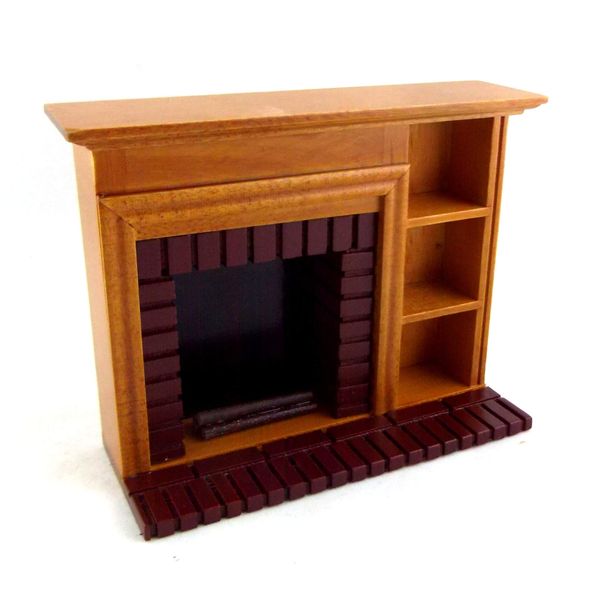 Dollhouse Miniature Furniture Walnut Red Brick Fireplace with Shelves