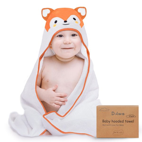 Dolwis Baby Bath Hooded Towel - Organic Hooded Towel Toddler Bath Towel Neutral Infant Ultra Soft Baby Terry Hooded Animal Towels with Hood for Boy & Girl (Fox)