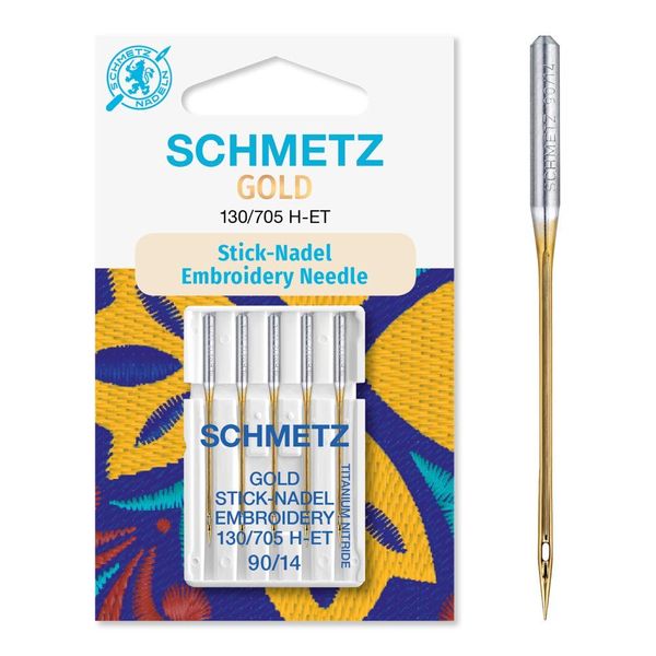 SCHMETZ Domestic Sewing Machine Needles |5 Gold Embroidery Needles |130/705 H-ET | Needle Size: 90/14 | Can be Used on All Conventional Household Sewing Machines and Household Embroidery Machines