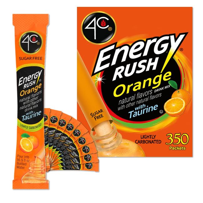 4C Powder Drink Mix, Energy Rush Orange 350 Count, Bulk Buy, Singles Stix, On the Go, Refreshing Water Flavorings, Value Pack