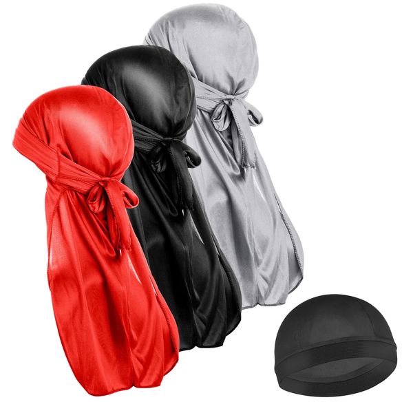 Sibba Silky Durags for Men Women, 3PCS 360 Waves with 1 Wave Cap Long Tailed Turban Headwear Elastic Durags Soft Breathable Stocking Wave Caps for Men Women Running Fitness Cycling Hiking Camping Red