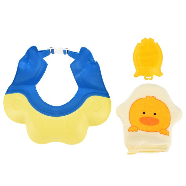 Tranquil Beauty | Baby Bath Shower Cap Visor Rinser Soft Set - Tear-Free Shampoo Shield for Kids, Premium Quality Baby Brush, and Gentle Exfoliating Sponge for Fun Bath Time - Blue and Yellow